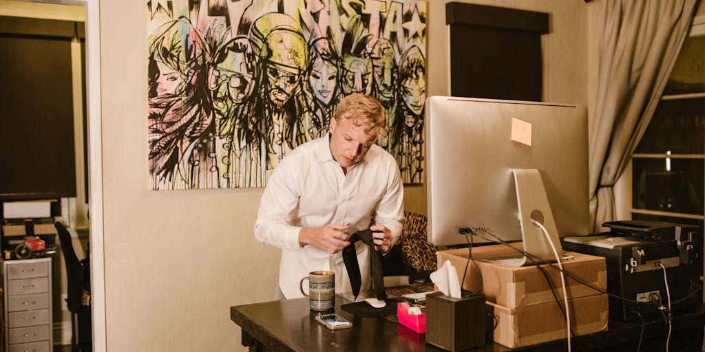 An overhead view of a creative workspace where a person is preparing for a marketing webinar. The desk is cluttered with colorful sticky notes, a coffee cup, and a notepad filled with ideas. The scene captures the essence of brainstorming and preparation, with a laptop open to a webinar platform.