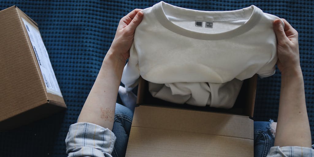 A vibrant flat lay of a ThredUp package being opened, showcasing a variety of second-hand clothing items spilling out. The background features eco-friendly materials like recycled paper and plants, emphasizing sustainability. This photo captures the excitement of unboxing and the joy of thrift shopping.