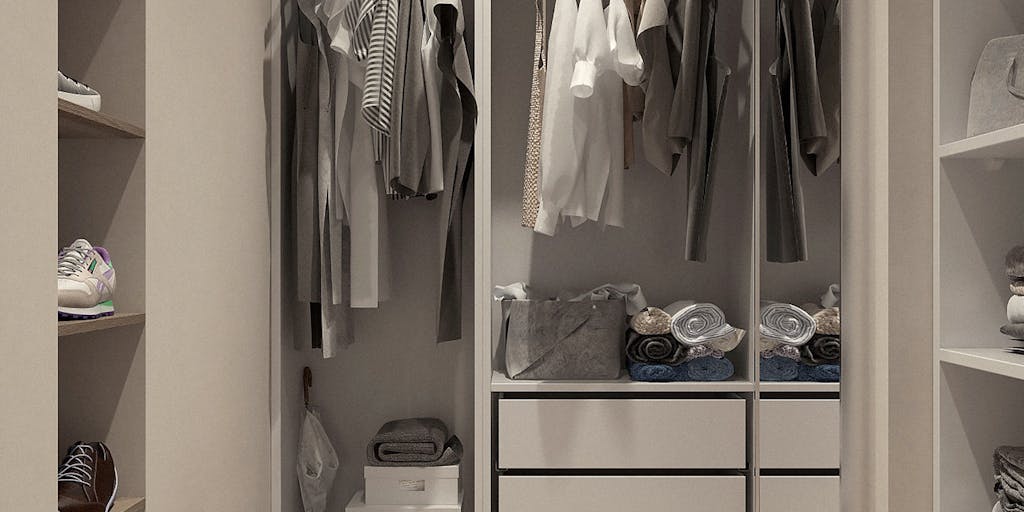 A split image showing a 'before' and 'after' of a closet transformation. The 'before' side is cluttered with fast fashion items, while the 'after' side is organized with stylish ThredUp finds. This visual contrast highlights the benefits of choosing second-hand fashion over new.