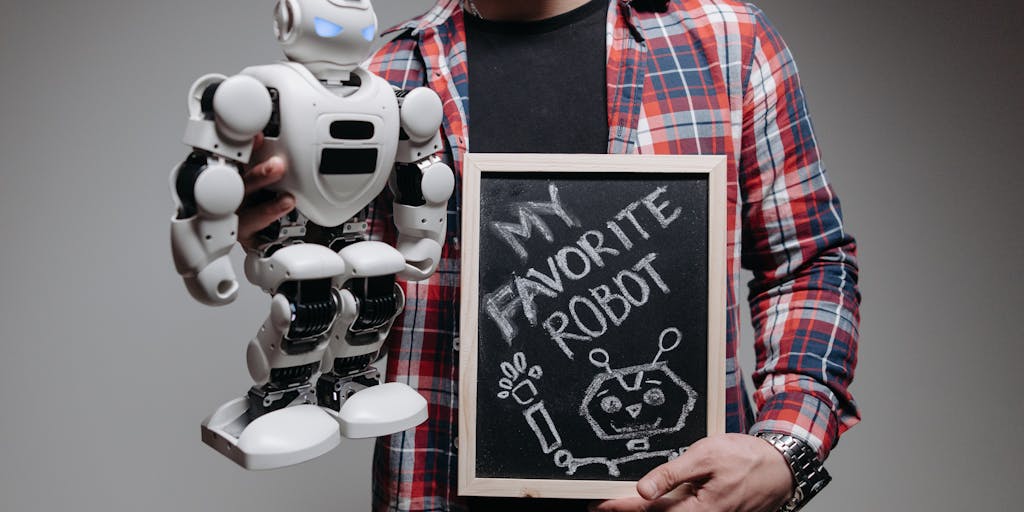 A whimsical illustration of a robot holding a pen and writing on a notepad, with thought bubbles showing various writing prompts and ideas, representing Jasper AI as a creative partner in the writing process.