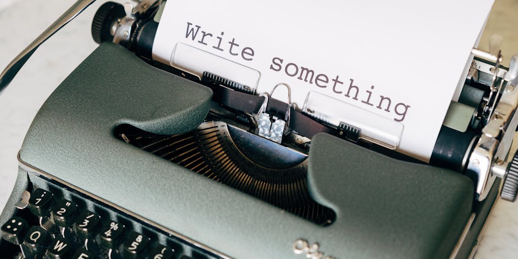 A close-up shot of a vintage typewriter with colorful sticky notes scattered around it, each note containing a different writing prompt. The typewriter keys are slightly blurred to emphasize the action of writing, while the vibrant colors of the notes add a playful touch.
