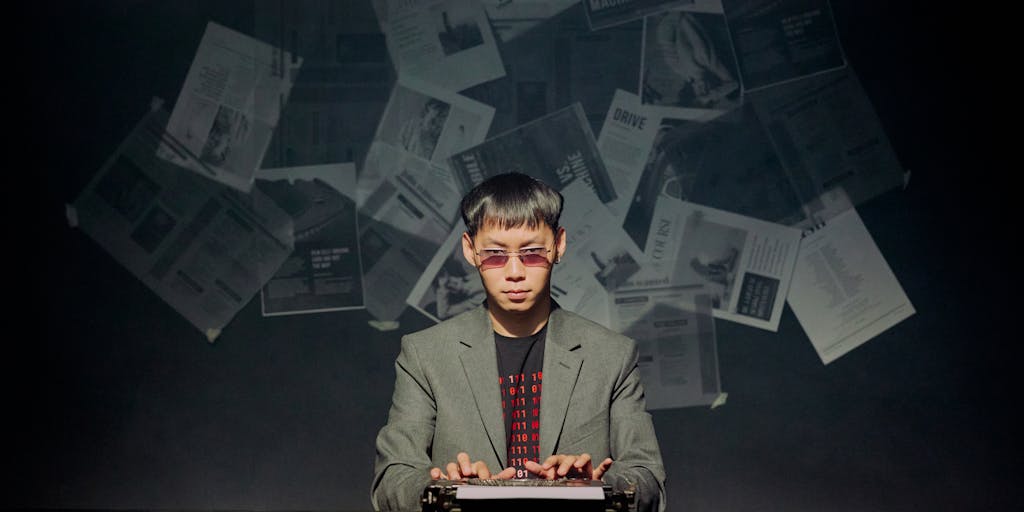 A split-screen image showing a person on one side using a traditional typewriter, surrounded by crumpled papers and frustration, while on the other side, the same person is smiling and relaxed, using a laptop with a vibrant interface of a free AI copywriting tool. The contrast highlights the ease and efficiency of modern technology.