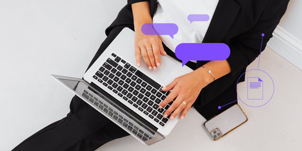 A close-up shot of a hand typing on a laptop, with a digital overlay of flowing code and words emerging from the screen, symbolizing the creative process of AI writing. The background is blurred to emphasize the action, and the colors are vibrant to convey energy and innovation.