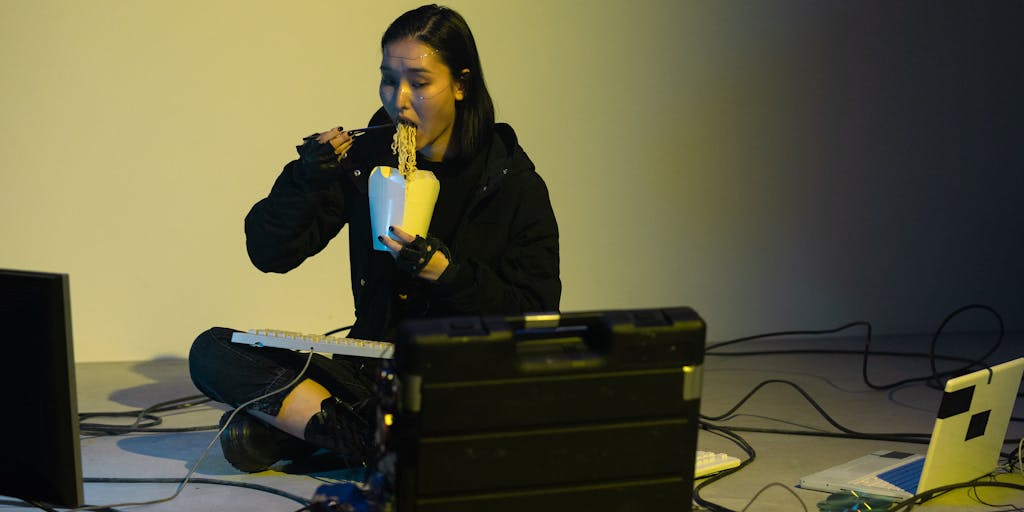 A close-up shot of a person typing on a laptop with a glowing screen displaying the Byword AI interface. The background is softly blurred to emphasize the screen, and the person's focused expression conveys engagement with the technology.