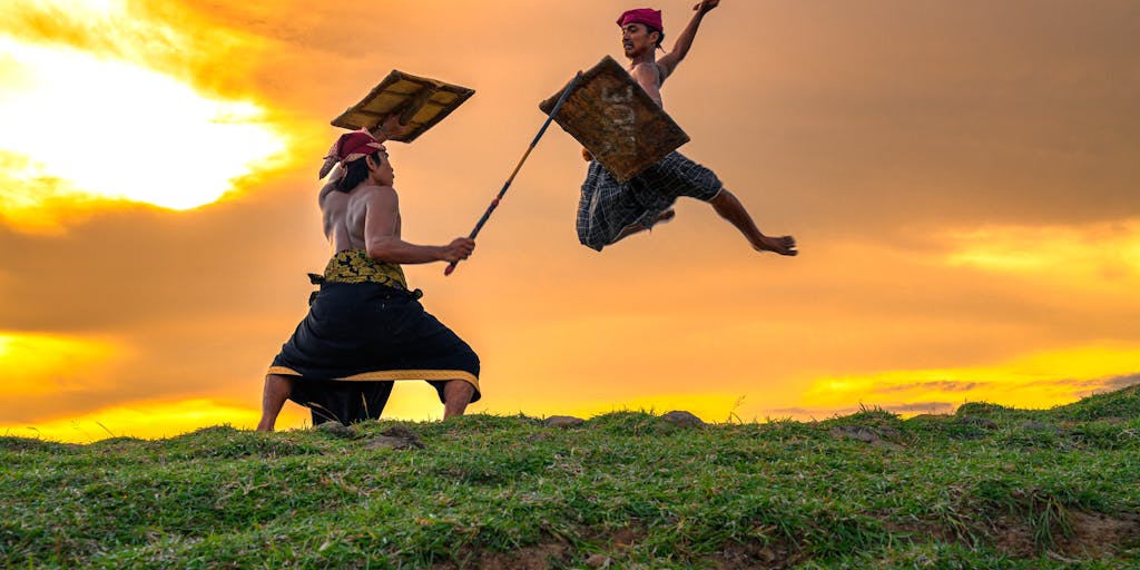 An artistic representation of a digital battle scene where the logos of Metricool and ContentStudio are depicted as warriors in a friendly duel. The background features elements like social media icons and analytics graphs, symbolizing the competitive nature of content management tools.